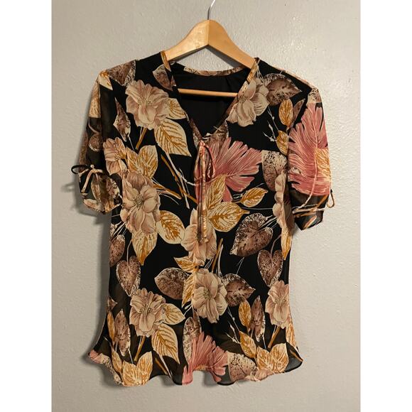 Vintage Womens Top Large Black Floral Chiffon V Neck Flowy Fairy Whimsigoth Y2K - Picture 1 of 5